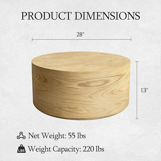 UPHA 28" Round Outdoor Coffee Table, Modern Hollow Concrete Patio Table, Small Minimalist Low Accent Table for Living Room, Balcony, Deck, Backyard, Natural Wood Finish