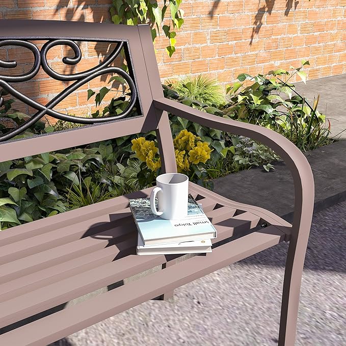 Outsunny 50" Outdoor Bench, Metal Garden Bench with Floral Pattern Backrest, Porch Bench with Slatted Seat for Park, Yard, Lawn, Brown