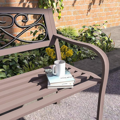 Outsunny 50" Outdoor Bench, Metal Garden Bench with Floral Pattern Backrest, Porch Bench with Slatted Seat for Park, Yard, Lawn, Brown