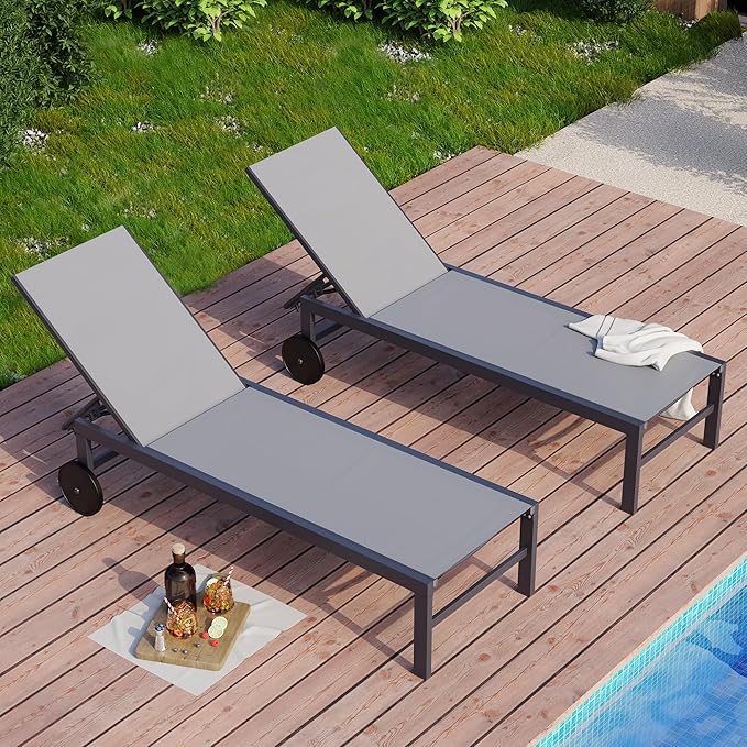 SUNLEI Patio Chaise Lounge Outdoor Set of 2, Pool Lounge Chairs for Outside w/5-Position Adjustable Backrest & All Weather, Tanning Recliner Chair for Pool Beach Deck (Grey, 4 Pieces)