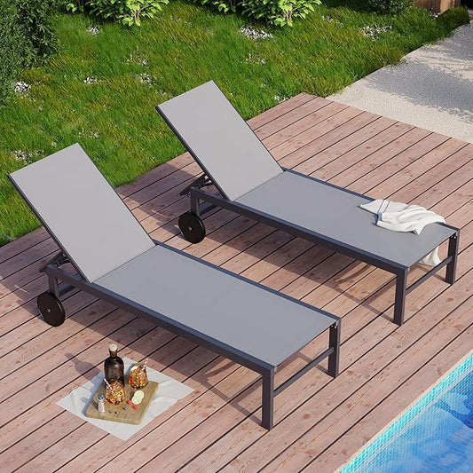SUNLEI Patio Chaise Lounge Outdoor Set of 2, Pool Lounge Chairs for Outside w/5-Position Adjustable Backrest & All Weather, Tanning Recliner Chair for Pool Beach Deck (Grey, 4 Pieces)