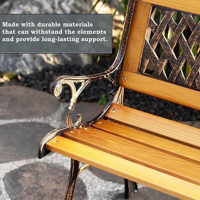 Gardenised QI003462L Outdoor Classical Wooden Slated Park Bench, Steel Frame Seating Bench for Yard, Patio, Garden, Balcony, and Deck