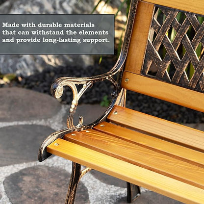 Gardenised QI003462L Outdoor Classical Wooden Slated Park Bench, Steel Frame Seating Bench for Yard, Patio, Garden, Balcony, and Deck