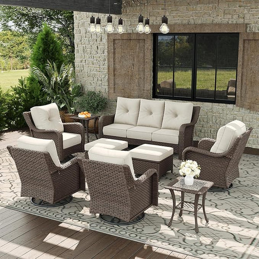 9 Piece Patio Furniture Set, All-Weather Wicker Outdoor Conversation Set with Swivel Rocking Chair and 6 Inch Thick Cushions