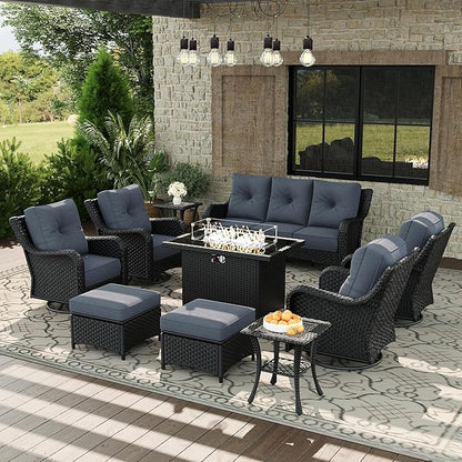 10 Piece Patio Furniture Set with Fire Pit Table, All-Weather Wicker Outdoor Conversation Set with Swivel Rocking Chair and 6 Inch Thick Cushions
