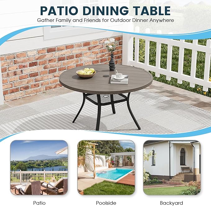 Patio Dining Table for 4, Round Metal Outdoor Table with Storage Shelf, 1.57" Umbrella Hole, 41" Outdoor Slat Tabletop Dining Table for Backyard, Porch, Lawn, Grey