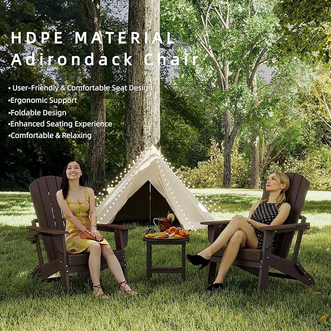 Folding Adirondack Chair Set of 6, HDPE Outdoor Patio Chair with Cup Holder, All Weather Plastic Lawn Chair with Wide Armrests, Portable Patio Chair for Backyard Deck Garden Fire Pit Poolside, Coffee