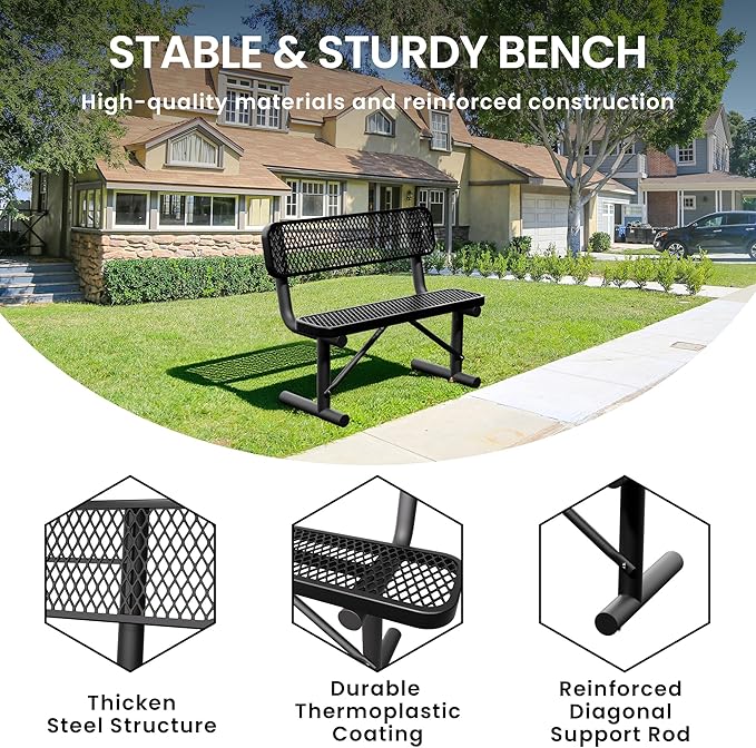 4 Feet Heavy Duty Metal Park Bench for Outside, Outdoor Bench with Backrest & Portable Frame, Commercial Benches for Shopping Malls, Stores, Parks, Patios, Decks, Black