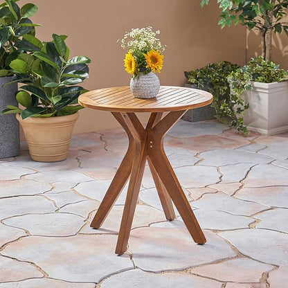 Merax Outdoor Coffee Table 27.5" Round Acacia Wood Patio Side Table, X-Shaped Base Support, Slat Tabletop Design, Teak