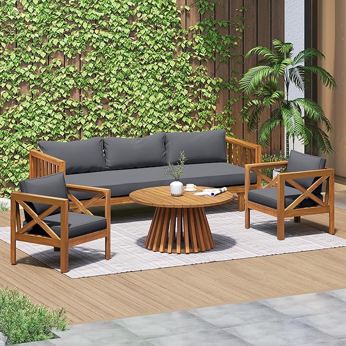 Merax Outdoor 4-Piece Acacia Wood Conversation Set - Patio 3-Seat Loveseat Sofa w/Coushion - Photo 1