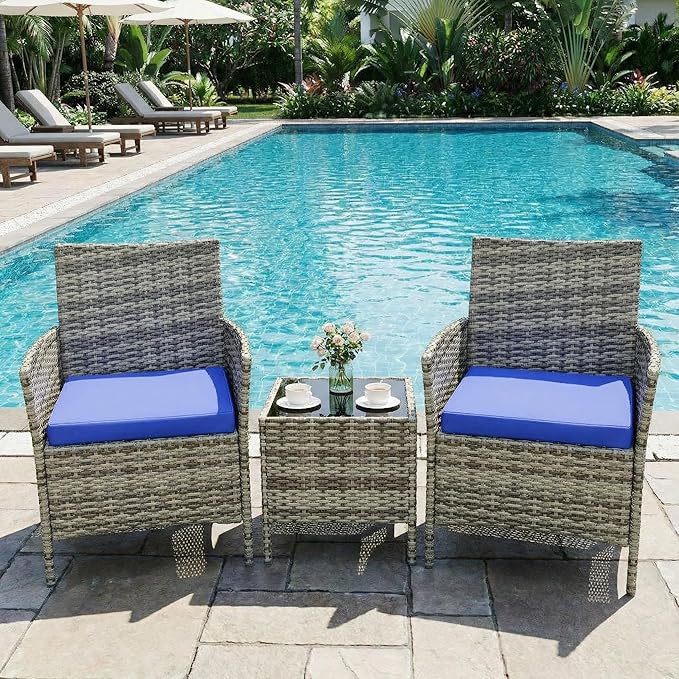 GarveeHome 3-Piece Patio Bistro Set, PE Rattan Outdoor Conversation Furniture with 2 Cushioned Chairs & Coffee Table - Photo 1