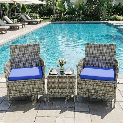 GarveeHome 3-Piece Patio Bistro Set, PE Rattan Outdoor Conversation Furniture with 2 Cushioned Chairs & Coffee Table, Weather-Resistant for Backyard, Balcony, Porch (Blue Cushion)