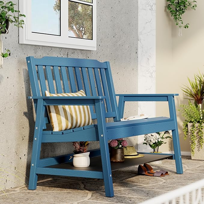UEV Outdoor Bench, 2-Person Garden Bench, All Weather Fade/Rot Resistant Patio Bench with 660lbs Weight Capacity for Outdoors,Porch,Backyard(Blue)