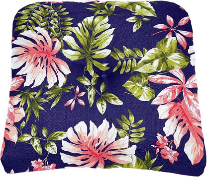 BrylaneHome Tufted Chair Cushion - 18" L x 17" W x 3" H - Patio & Outdoor - Patio & Outdoor - Water, Stain & Fade Resistant - Navy Tropical Leaves
