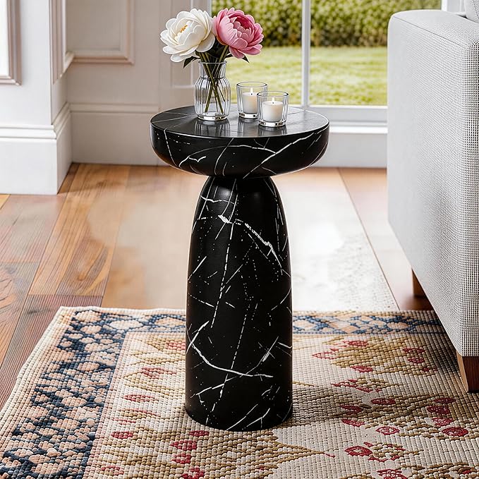 Marble Side Table, 24" Modern Accent Table with Pedestal Stand, Durable Faux Marble Side Table for Small Spaces - Photo 1