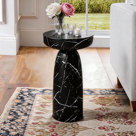 Marble Side Table, 24" Modern Accent Table with Pedestal Stand, Durable Faux Marble Side Table for Small Spaces, Marble Look Coffee Table Accent Drink Tables for Living Room Patio Balcony