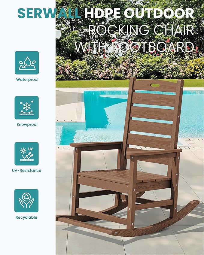 SERWALL Outdoor Rocking Chair, Oversized Rocking Chair with Footrest for Adults - Photo 4