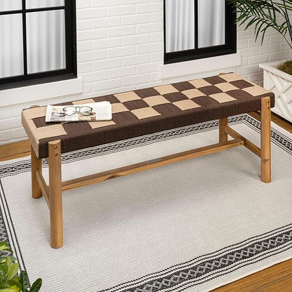 JONATHAN Y BNH202B Denis 48" 2-Seat Backless 700-Lbs Support Acacia Wood Outdoor Bench with Checkerboard Woven Rope Seat for Patio, Garden, Lawn, Backyard, Pool, Deck, Beach, Brown/Beige