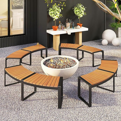 Moccha Outdoor Curved Bench, Acacia Wood Fire Pit Bench w/Slatted Seat, Metal Frame, Loveseat, Outside Chair, Patio Backless 2-Person Seating for Yard Deck Porch 800 LBS Max Load, Oil Painted (4)