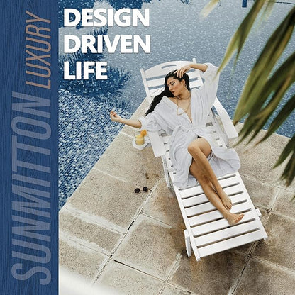 Patio Chaise Lounge Chair, HDPE Outdoor Lounge Chairs with 5-Position Adjustable Backrest, Cup Holder and Wheels, 450lbs Capacity for Poolside Deck Backyard, All Weather Material(White)