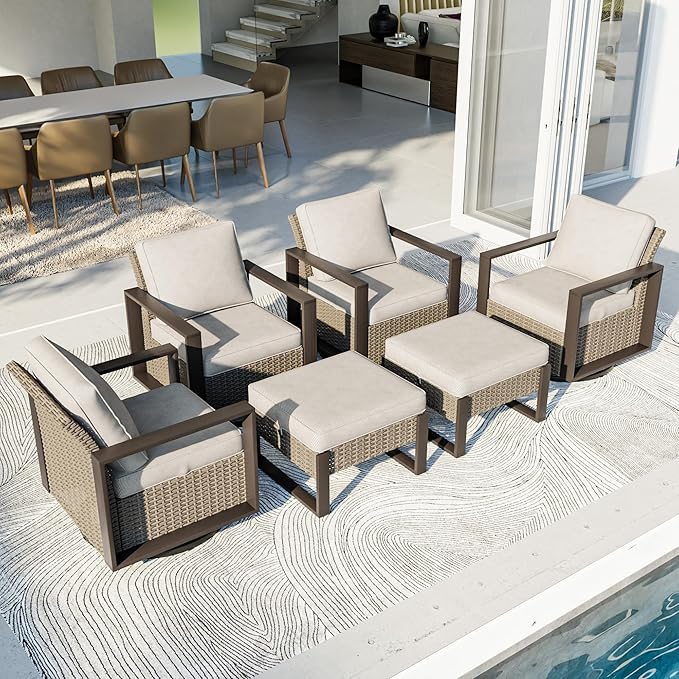 Outdoor Patio Furniture Set, 6 Piece Wicker Patio Conversation with Deep Seating, Thicken Cushions, Outdoor Swivel Rocker Patio Chairs, Metal Outdoor Furniture for Deck, Porch, Yard Use
