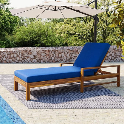 Outdoor Acacia Wood Chaise Lounges with Adjustable Backrest and Cushion, Patio Reclining Lounge Chair for Porch Backyard Balcony Poolside (Natural+ Blue)