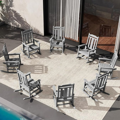 SERWALL HDPE Outdoor Rocking Chair Gray Set of 8, All Weather Patio Rocking Chair, Poly Rocking Chair for Adults