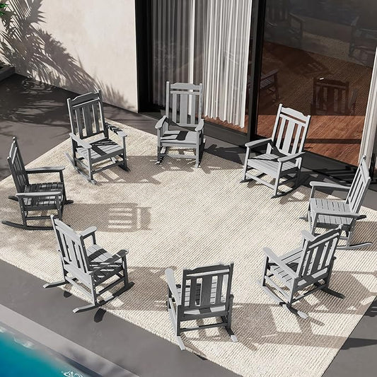 SERWALL HDPE Outdoor Rocking Chair Gray Set of 8, All Weather Patio Rocking Chair, Poly Rocking Chair for Adults