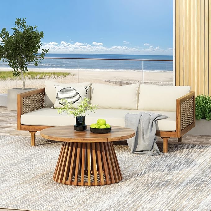 Merax Outdoor Acacia Wood Conversation Set - Patio 3-Seat Loveseat Sofa w/Coushion and Round Coffee Table for Backyard - Photo 1
