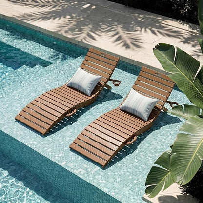 in-Pool Lounge Chairs Set of 2, Folding HDPE Pool Chairs Anti-Floating No Sandbags with Cup Holder & Handles, Outdoor Chaise Lounge for Poolside, Patio & Sun Deck(Teak)