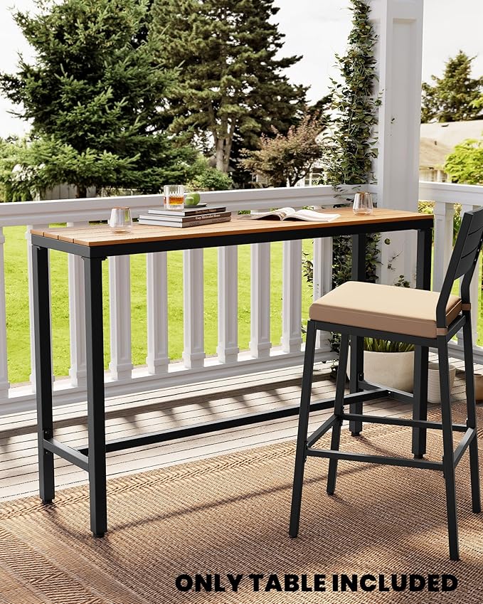 Crestlive Products Outdoor Bar Table, 55'' Rectangle Patio Counter Height Table High Pub Table with Waterproof Top and Sturdy Metal Frame for Balcony, Bistro, Garden, Backyard, Hot Tub (Brown)