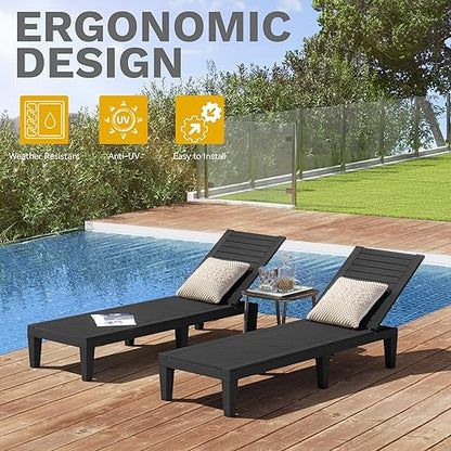 DWVO Outdoor Chaise Lounge, Pool Lounge Chair Set of 2 w/ 5-Level Backrest, Waterproof & Easy Assembly Patio Lounge Chair for Garden, Pool, and Beach (Black)