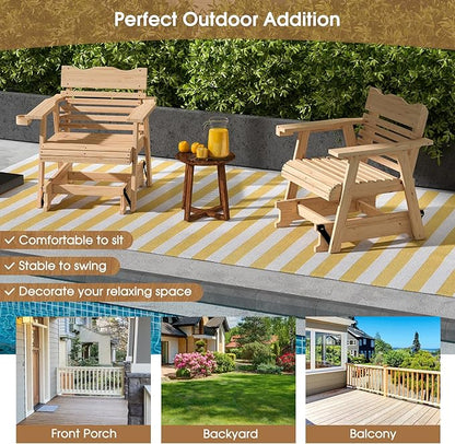 Outdoor Rocking Chair, Patio Glider Chair with Ergonomic Curved Seat & Wide Armrest, Indoor Fir Wood Rocker with Hidden Cup Holder for Patio Balcony Backyard Porch Poolside, Natural