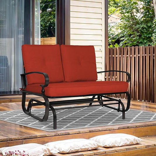 Crownland Outdoor Patio Glider Chair, Rocking Glider Bench for 2 Person, Porch Furniture Loveseat Seating, Wrought Iron Patio Textilene Gliders for Outside, Porch, Garden(Classic Red)
