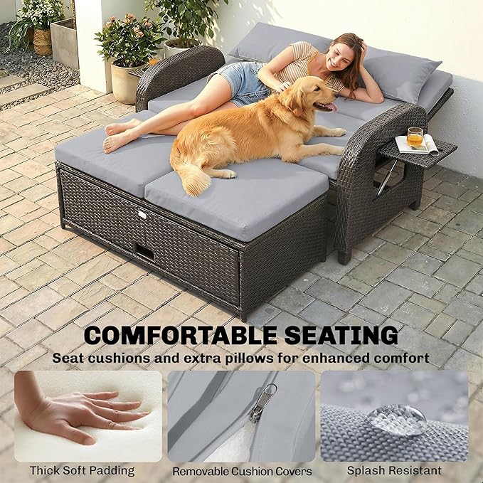 Outsunny Patio Rattan Daybed, Wicker Outdoor Daybed with Storage Ottoman, Loveseat Sofa with Adjustable Backrest, Side Tables, Cushions, Headrests, Double Sunbed Lounger for Balcony, Gray
