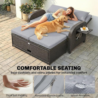 Outsunny Patio Rattan Daybed, Wicker Outdoor Daybed with Storage Ottoman, Loveseat Sofa with Adjustable Backrest, Side Tables, Cushions, Headrests, Double Sunbed Lounger for Balcony, Gray