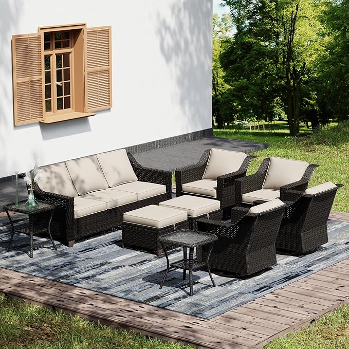 Joyside Wicker Patio Furniture Sets, 9 Pieces Upgraded Large Size Outdoor Furniture with 4 Swivel Rocking Patio Chairs - Photo 1