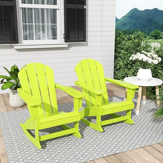 Costaelm Outdoor Adirondack Chair Set of 2, All Weather Resistant Classic Balcony Chair and Fire Pit Chairs, Adirondack Plastic Outdoor Porch Furniture Rocking Chair High Back HDPE Poly Lumber, Lime