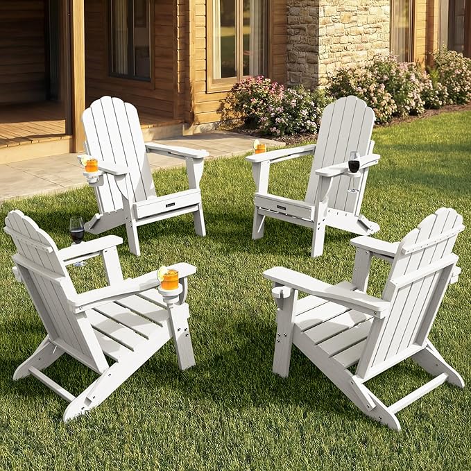 Adirondack Chairs Set of 4, Patio Chair, HDPE Fire Pit Chairs, Plastic Adirondack Chairs with 2 Cup Holder - Photo 1