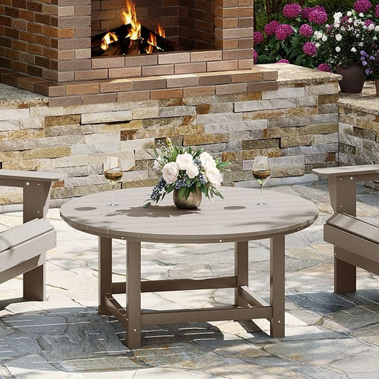 WestinTrends Malibu Low Outdoor HDPE Round Patio Coffee Table, Weathered Wood