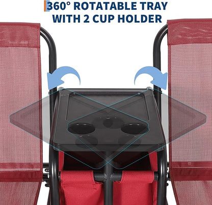 Porch Swing with Cup Holders & Pivot Storage Table & Cooler Bag with Adjustable Canopy for 2 Person Patio Swing for Backyard Balcony Poolside Red