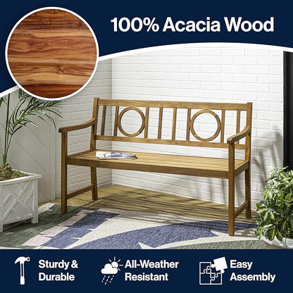 JONATHAN Y BNH104A Apollo 51.2" 3-Seat Circle-Back 600-Lbs Support Acacia Wood Outdoor Garden Patio Bench for Garden, Lawn, Backyard, Pool, Deck, Beach, Firepit, Teak