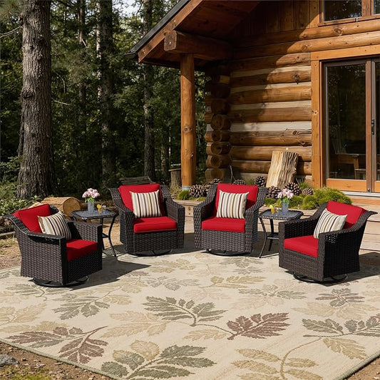 6 Pieces Patio Conversation Furniture Set - 4 Swivel Chairs, 2 Side Tables, Outdoor Wicker Furniture with Removable Cushions for Porch, Sunroom (Red)