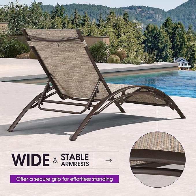 PURPLE LEAF Outdoor Oversized Chaise Lounge Chair Set of 3 Patio Pool Lounger Bronze Aluminum Chairs with Side Table Adjustable Tanning Recliner for Outside Backyard Yard Deck Balcony Beach Khaki