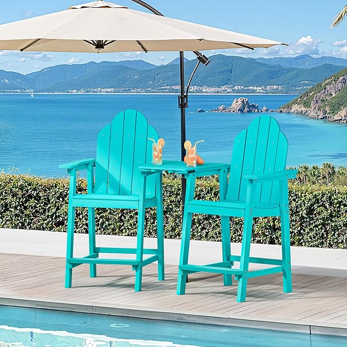LUE BONA Tall Adirondack Chair Set of 2, All Weather HDPS Bar Height Adirondack Chair with Detachable Table & Umbrella Hole, Adirondack Barstools for Patio, Deck, Backyard & Commercial Use Aruba Blue