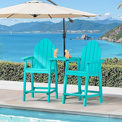 LUE BONA Tall Adirondack Chair Set of 2, All Weather HDPS Bar Height Adirondack Chair with Detachable Table & Umbrella Hole, Adirondack Barstools for Patio, Deck, Backyard & Commercial Use Aruba Blue