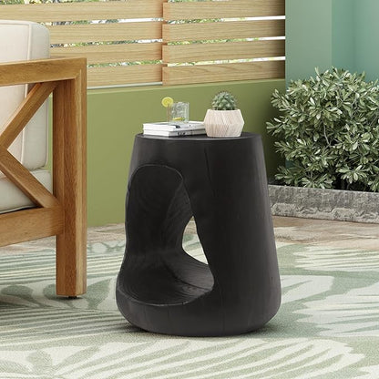 Faux Concrete Side Table Outdoor Faux Stone End Table, Round Outdoor Accent Tables, Garden Stool Plant Stand for Porch, Backyard Black Wood-Like Texture,