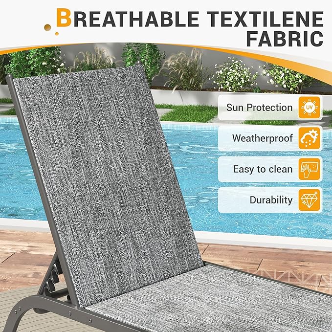 UDPATIO Aluminum Lounge Chair Set of 3 Outdoor Chaise Lounger Poolside Lounge Chairs 5 Adjustable Position Backrest Pool Lounger with Wheels Side Table for Patio Pool Patio (Grey)