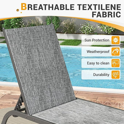 UDPATIO Aluminum Lounge Chair Set of 3 Outdoor Chaise Lounger Poolside Lounge Chairs 5 Adjustable Position Backrest Pool Lounger with Wheels Side Table for Patio Pool Patio (Grey)