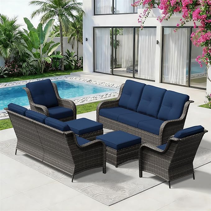 6 Piece Outdoor Wicker Patio Furniture Set, Patio Chairs Set with Thickened Olefin Cushions, High Back and Deep Seating - Photo 9